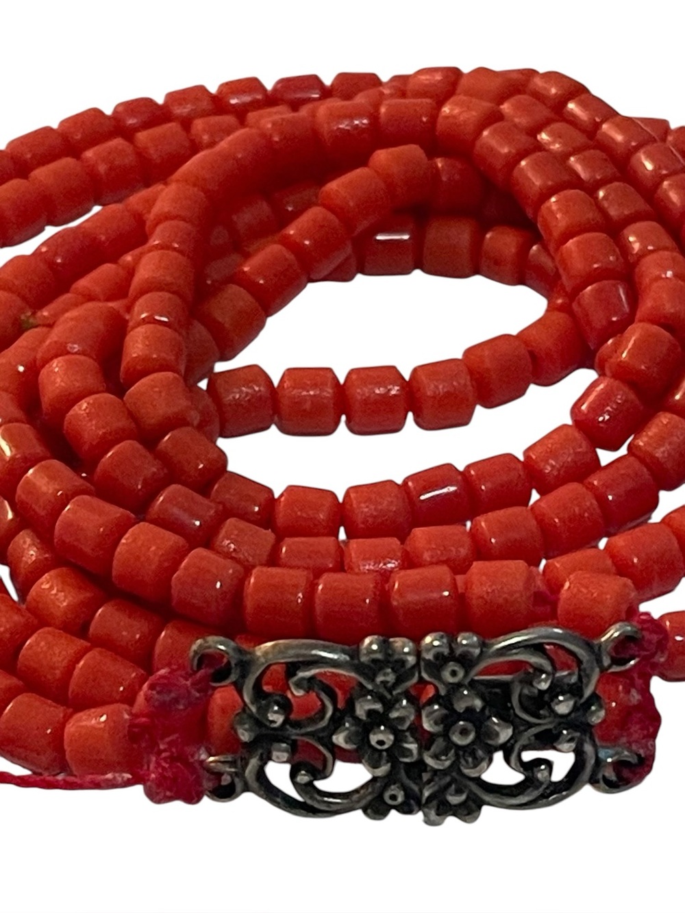 Vintage Coral Barrel Bead Necklace 24" Sterling Silver Floral Clasp 40 Grams